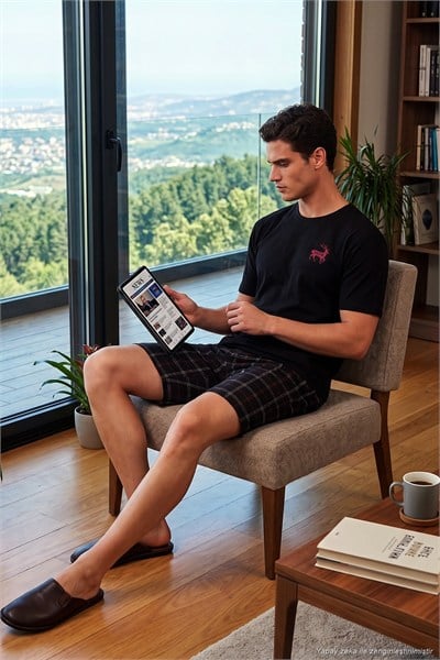 Kareli Pamuklu Regular Fit Şortlu Erkek Pijama Takımı 6572022 SİYAH