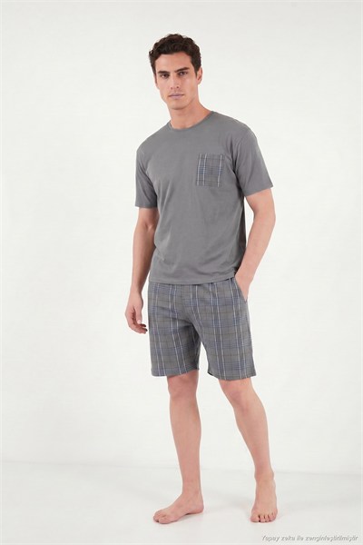 Kareli Pamuklu Regular Fit Şortlu Erkek Pijama Takımı 6572021 FÜME