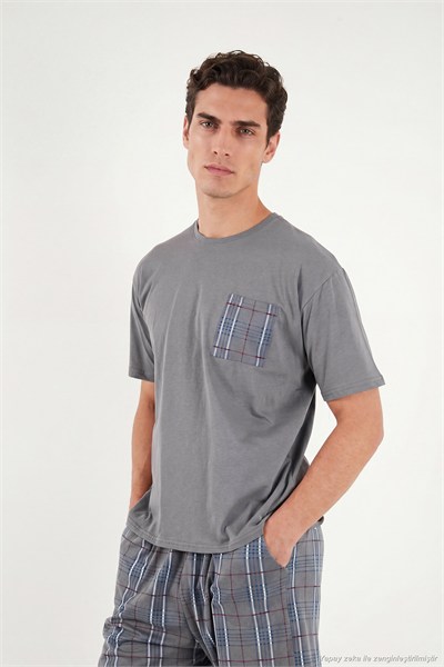 Kareli Pamuklu Regular Fit Şortlu Erkek Pijama Takımı 6572021 FÜME