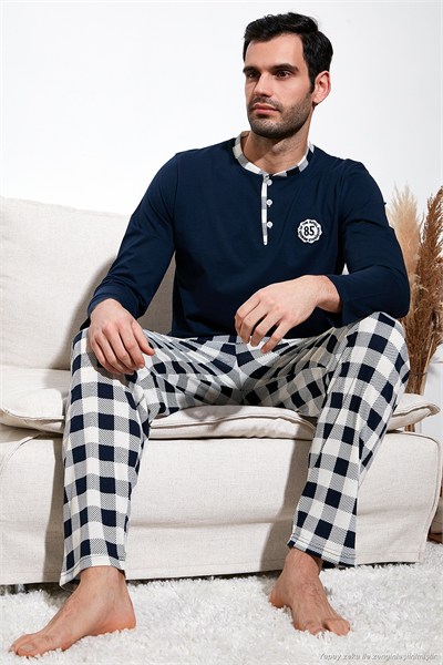 Kareli Pamuklu Regular Fit Uzun Kollu Erkek Pijama Takımı 60961003 LACİVERT