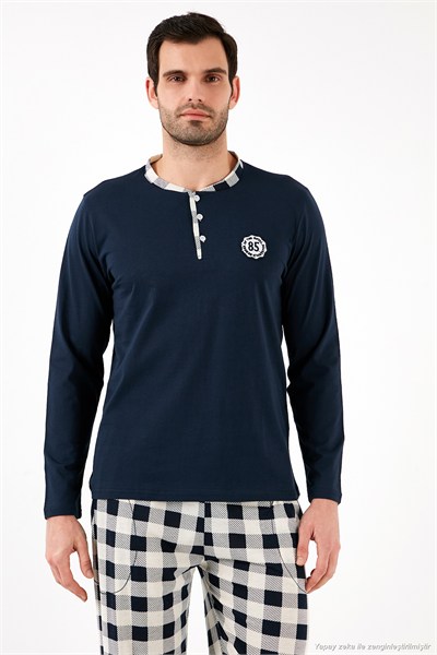 Kareli Pamuklu Regular Fit Uzun Kollu Erkek Pijama Takımı 60961003 LACİVERT