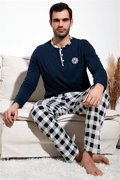 Kareli Pamuklu Regular Fit Uzun Kollu Erkek Pijama Takımı 60961003 LACİVERT