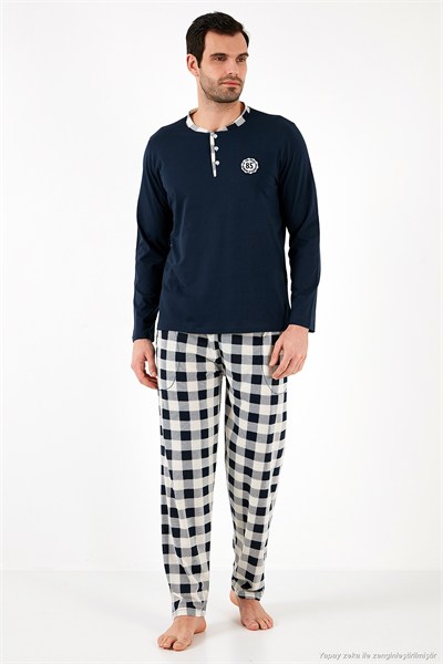 Kareli Pamuklu Regular Fit Uzun Kollu Erkek Pijama Takımı 60961003 LACİVERT