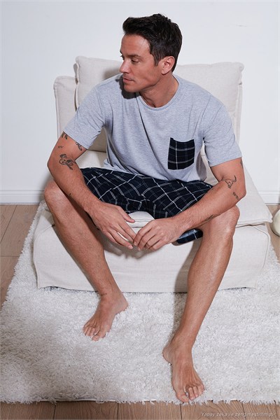 Kareli Regular Fit Pamuklu Bisiklet Yaka Kısa Kollu Şortlu Erkek Pijama Takımı 6572020 GRİ MELANJ