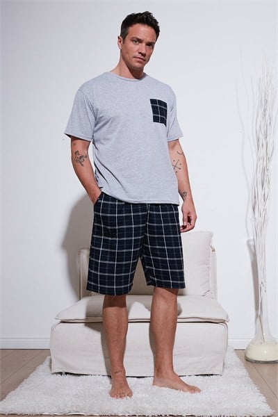 Kareli Regular Fit Pamuklu Bisiklet Yaka Kısa Kollu Şortlu Erkek Pijama Takımı 6572020 GRİ MELANJ