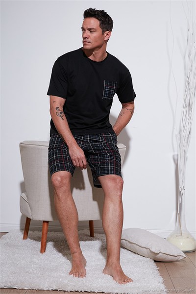 Kareli Regular Fit Pamuklu Bisiklet Yaka Kısa Kollu Şortlu Erkek Pijama Takımı 6572020 SİYAH
