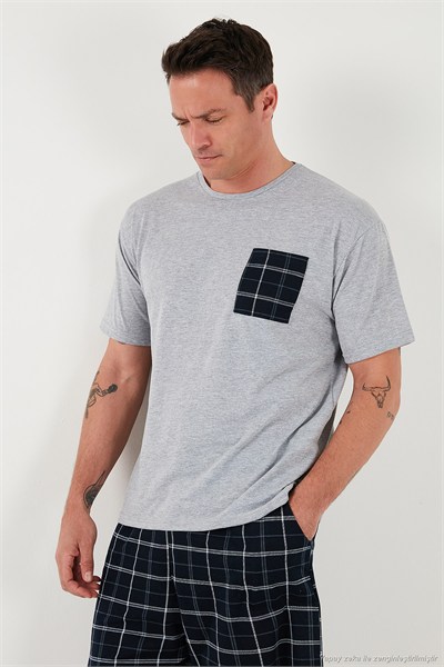 Kareli Regular Fit Pamuklu Bisiklet Yaka Kısa Kollu Şortlu Erkek Pijama Takımı 6572020 GRİ MELANJ