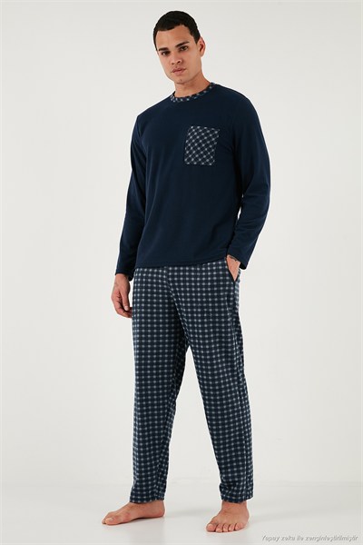 Kareli Yumuşak Dokulu Regular Fit Uzun Kollu Erkek Pijama Takımı 609611060 LACİVERT-GRİ