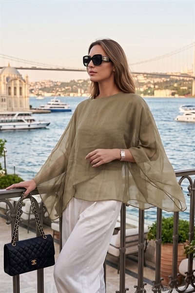 Kayık Yaka Salaş Dökümlü Kadın Gömlek 6835026 Olive