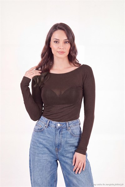 Kayık Yaka Transparan Triko Kadın Bluz 5866879 KAHVE