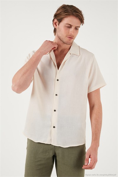 Keten Görünümlü Kısa Kollu Apaş Yaka Regular Fit Erkek Gömlek CF23S116775 KREM