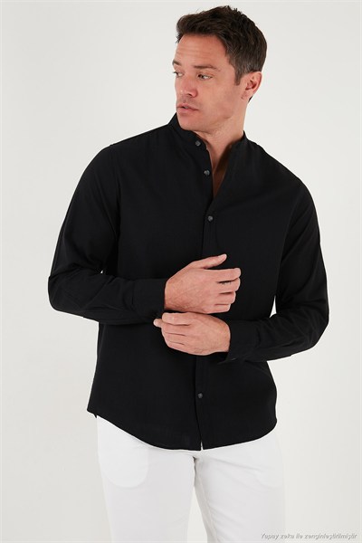 Keten Görünümlü Pamuklu Regular Fit Hakim Yaka Erkek Gömlek CF25S112637 SİYAH