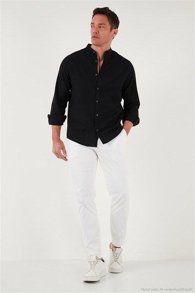 Keten Görünümlü Pamuklu Regular Fit Hakim Yaka Erkek Gömlek CF25S112637 SİYAH