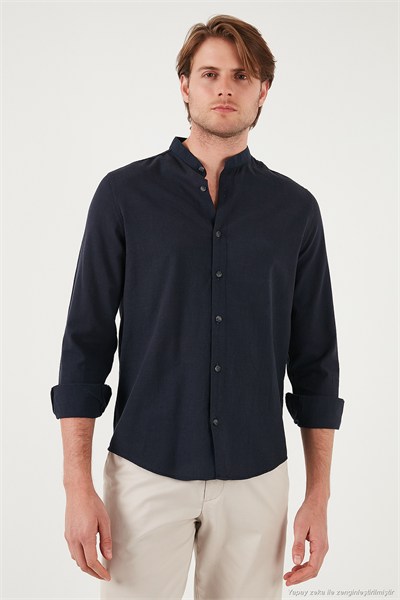 Keten Görünümlü Pamuklu Regular Fit Hakim Yaka Erkek Gömlek CF25S112637 LACİVERT