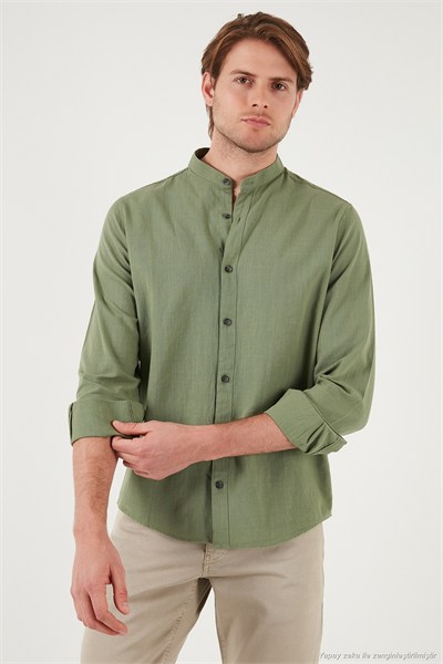 Keten Görünümlü Pamuklu Regular Fit Hakim Yaka Erkek Gömlek CF25S112637 HAKİ