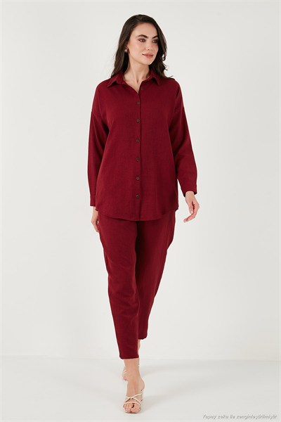 Keten Karışımlı Regular Fit Lastikli Bel Uzun Kollu Alt Üst Kadın Takım 6696622 BORDO