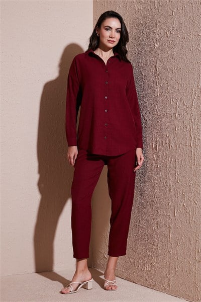 Keten Karışımlı Regular Fit Lastikli Bel Uzun Kollu Alt Üst Kadın Takım 6696622 BORDO