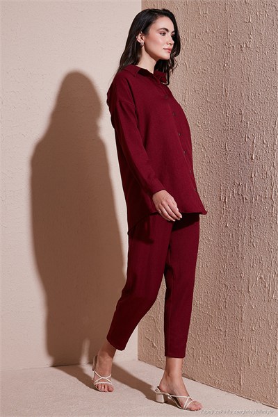 Keten Karışımlı Regular Fit Lastikli Bel Uzun Kollu Alt Üst Kadın Takım 6696622 BORDO