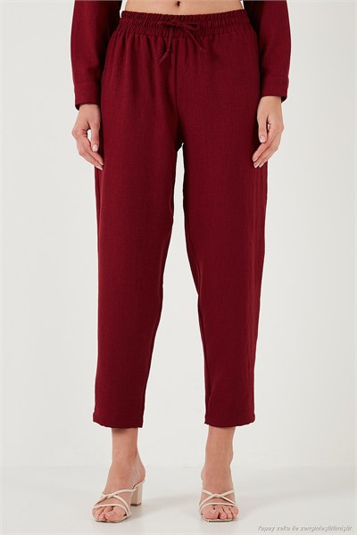 Keten Karışımlı Regular Fit Lastikli Bel Uzun Kollu Alt Üst Kadın Takım 6696622 BORDO