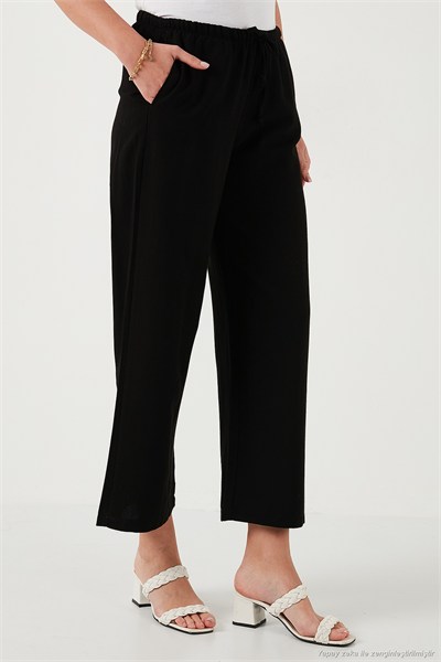 Keten Karışımlı Regular Fit Normal Bel Geniş Paça Kadın Pantolon 5866030 SİYAH