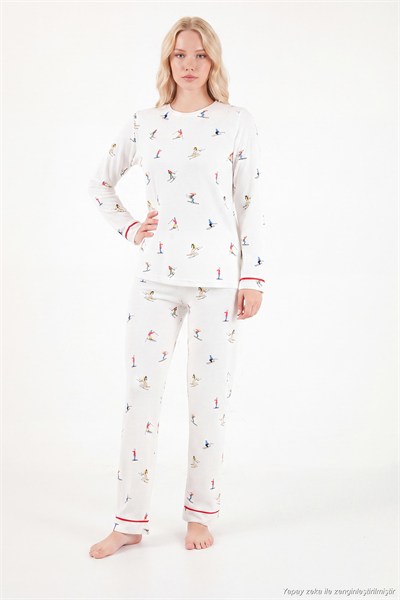 Kış Temalı Bisiklet Yaka Uzun Kollu Kadın Pijama Takımı 6575019 EKRU