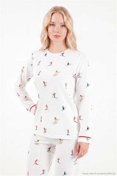 Kış Temalı Bisiklet Yaka Uzun Kollu Kadın Pijama Takımı 6575019 EKRU
