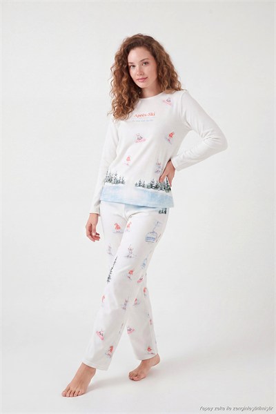 Kış Temalı Bisiklet Yaka Uzun Kollu Kadın Pijama Takımı 6575019 KREM