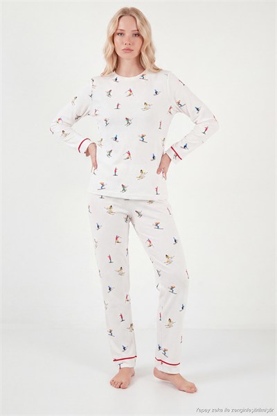 Kış Temalı Bisiklet Yaka Uzun Kollu Kadın Pijama Takımı 6575019 EKRU