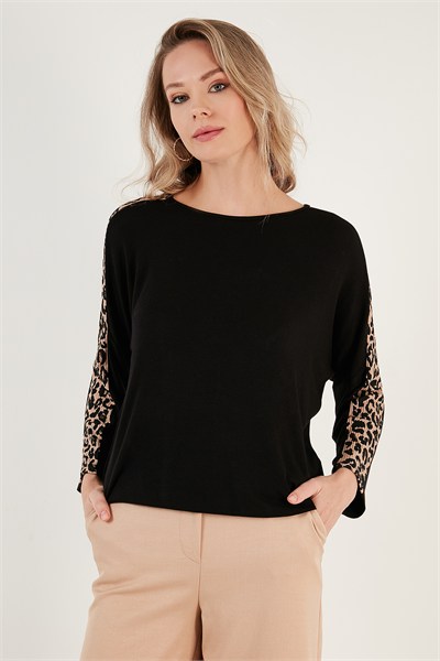 Kolları Leopar Desenli Bisiklet Yaka Kadın Bluz 5863809 SİYAH