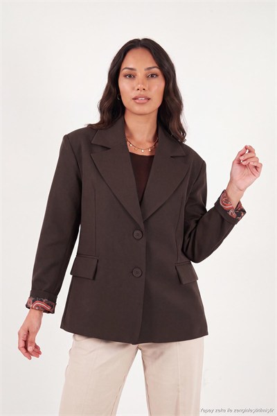Kruvaze Yaka Desenli Astar Detaylı Blazer Kadın Ceket 6523001 KAHVE