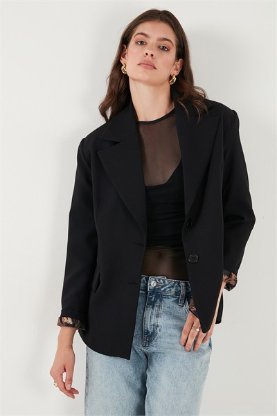 Kruvaze Yaka Desenli Astar Detaylı Blazer Kadın Ceket 6523001 SİYAH