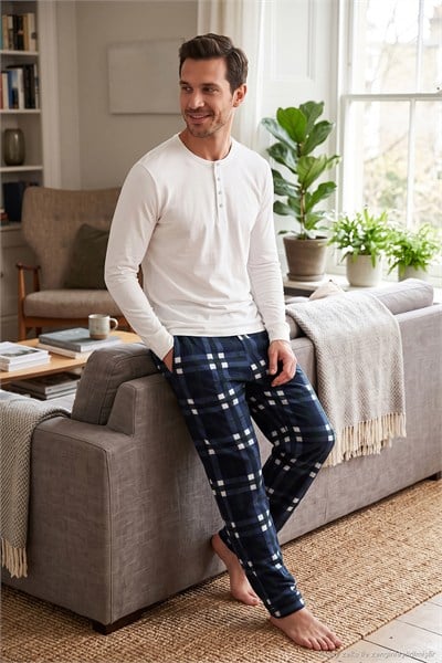 Lastikli Bel Düz Paça Ultra Soft Polar Erkek Pijama Altı 6098001 LACİVERT-YEŞİL