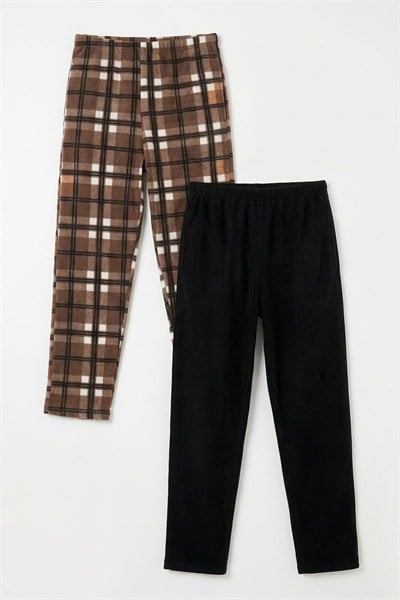 Lastikli Bel Düz Paça Ultra Soft Polar 2li Paket Erkek Pijama Altı 6098001S2 Camel-Siyah