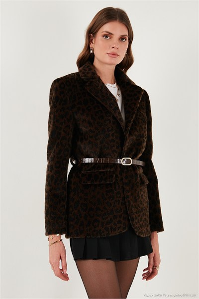 Leopar Desenli Regular Fit Kemer Detaylı Peluş Dokulu Blazer Kadın Ceket 6839614 KAHVE
