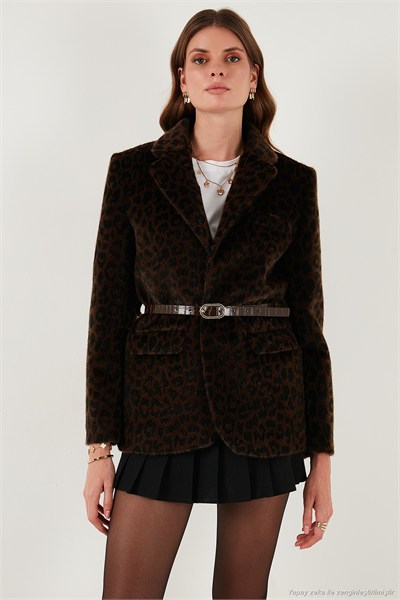 Leopar Desenli Regular Fit Kemer Detaylı Peluş Dokulu Blazer Kadın Ceket 6839614 KAHVE