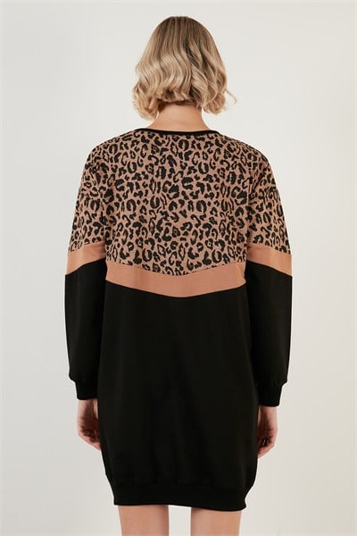 Leopar Desenli Renk Bloklu Oversize Bisiklet Yaka Kadın Tunik 5863604 SİYAH