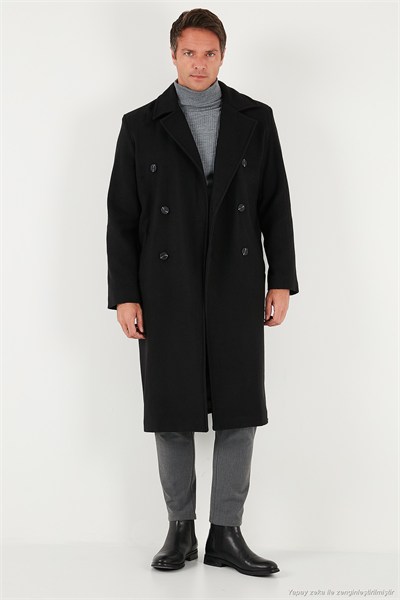 Loose Fit Kruvaze Yaka Uzun Astarlı Kaşe Erkek Kaban 681003 SİYAH