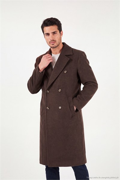 Loose Fit Kruvaze Yaka Uzun Astarlı Kaşe Erkek Kaban 681003 KAHVE