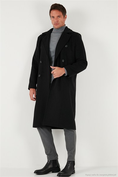 Loose Fit Kruvaze Yaka Uzun Astarlı Kaşe Erkek Kaban 681003 SİYAH