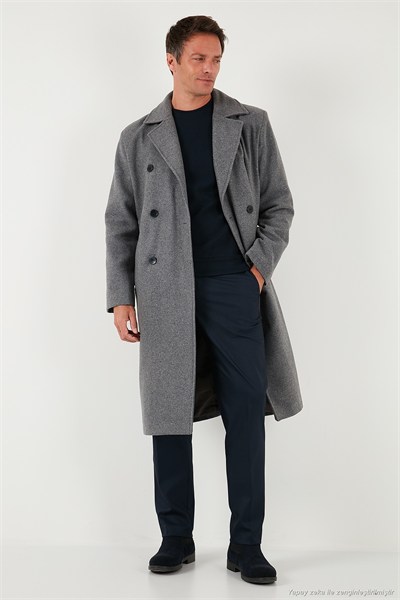 Loose Fit Kruvaze Yaka Uzun Astarlı Kaşe Erkek Kaban 681003 GRİ