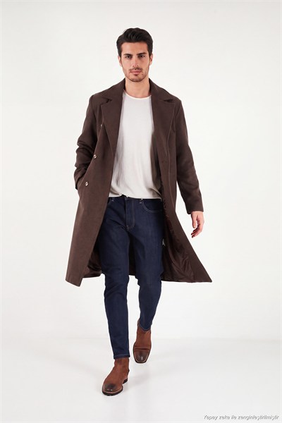 Loose Fit Kruvaze Yaka Uzun Astarlı Kaşe Erkek Kaban 681003 KAHVE