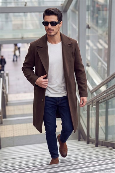 Loose Fit Kruvaze Yaka Uzun Astarlı Kaşe Erkek Kaban 681003 KAHVE