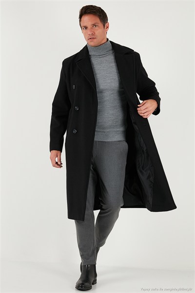 Loose Fit Kruvaze Yaka Uzun Astarlı Kaşe Erkek Kaban 681003 SİYAH
