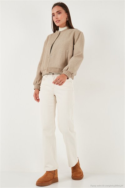 Loose Fit Sıfır Yaka Çıtçıtlı Kaşe Kısa Kadın Mont 6810178 BEJ