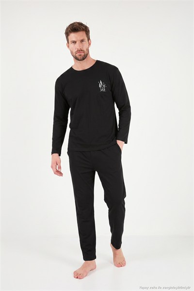 Minimal Baskılı Pamuklu Uzun Kollu Erkek Pijama Takımı 6575005 SİYAH