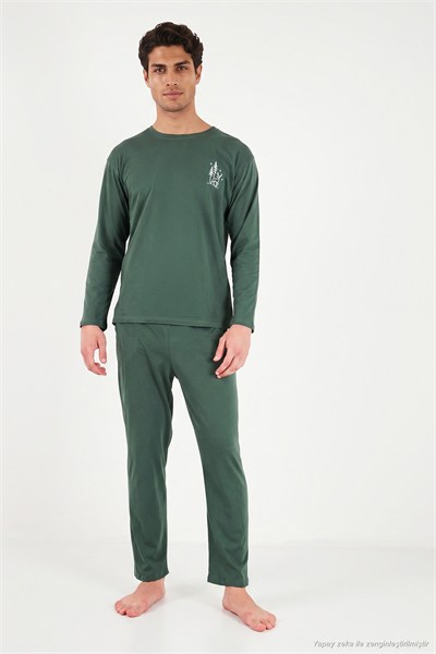 Minimal Baskılı Pamuklu Uzun Kollu Erkek Pijama Takımı 6575005 YEŞİL