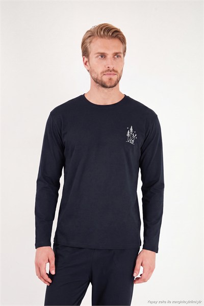 Minimal Baskılı Pamuklu Uzun Kollu Erkek Pijama Takımı 6575005 LACİVERT