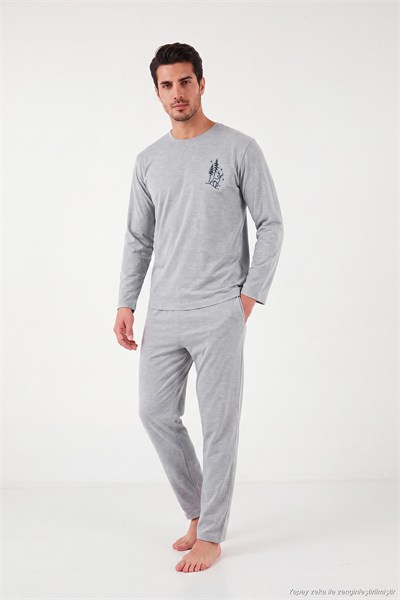 Minimal Baskılı Pamuklu Uzun Kollu Erkek Pijama Takımı 6575005 GRİ MELANJ