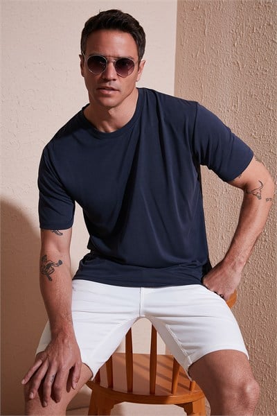 Modal Karışımlı Regular Fit Bisiklet Yaka Basic Erkek T Shirt 5902924 İNDİGO