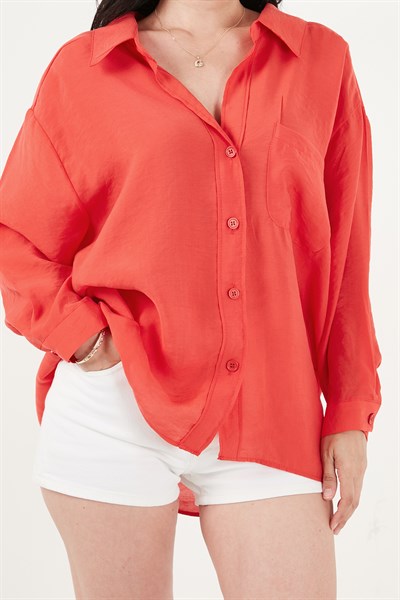 Modal Oversize Fit Uzun Kollu Kadın Gömlek 6834612 KIRMIZI